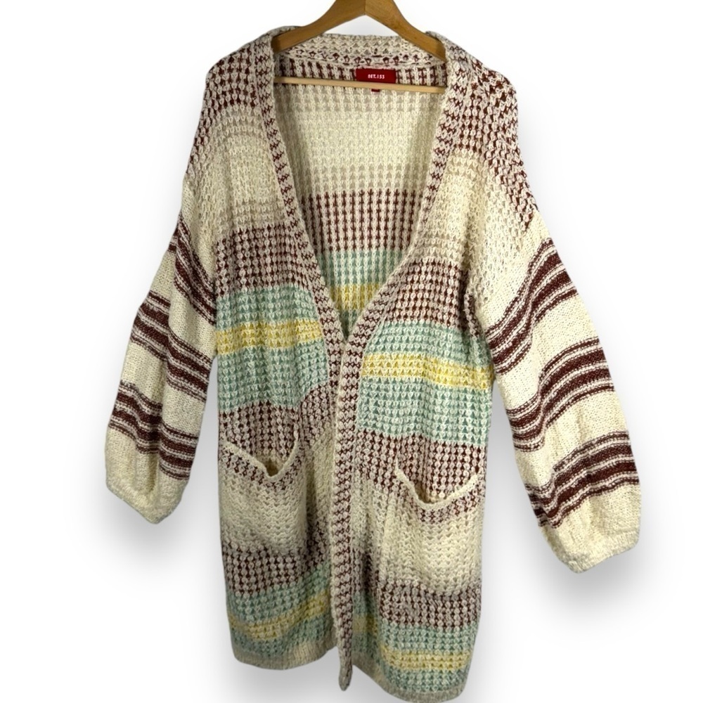 Net 153 Oversized Balloon Sleeve Open Front Cardigan, Multicolor Stripe, M/L - Picture 2 of 15